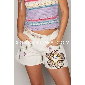 POL Beige Daisy Patched & Embroidered Regular Fit Denim Shorts